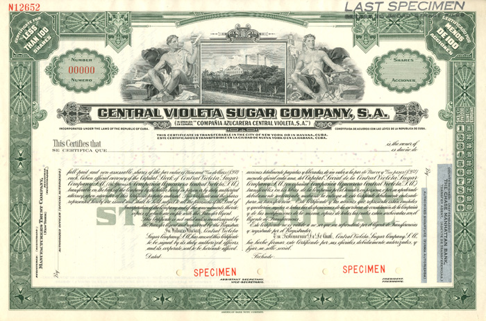 Central Violeta Sugar Co., S.A. - Cuba Stock Certificate